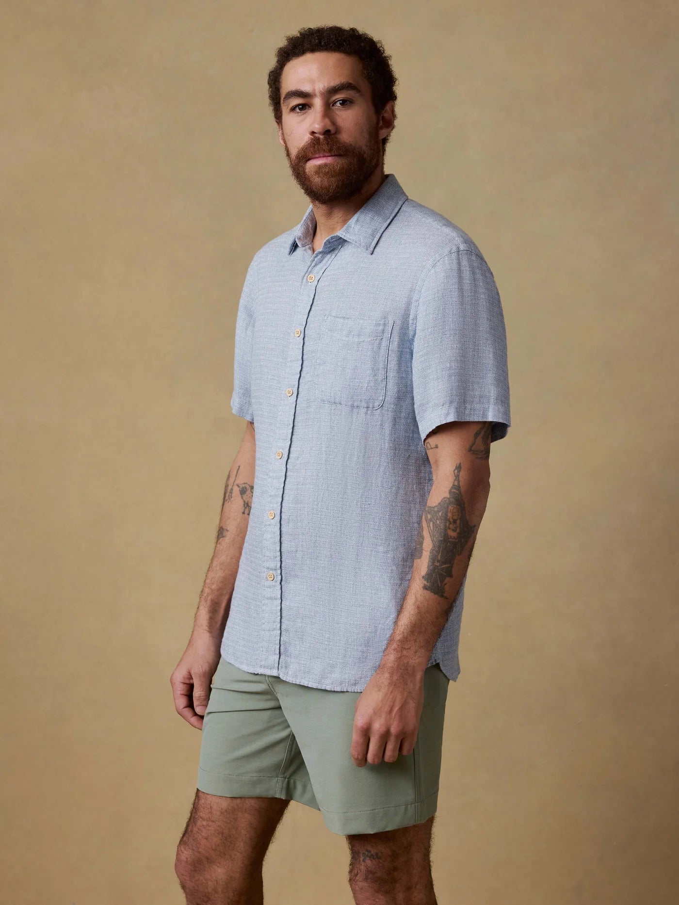 Faherty Short Sleeve Linen Shirt - Blue Basketweave