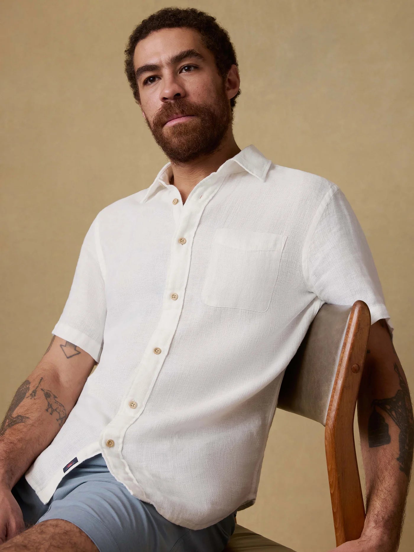 Faherty Short Sleeve Palma Linen Shirt - White Basketweave