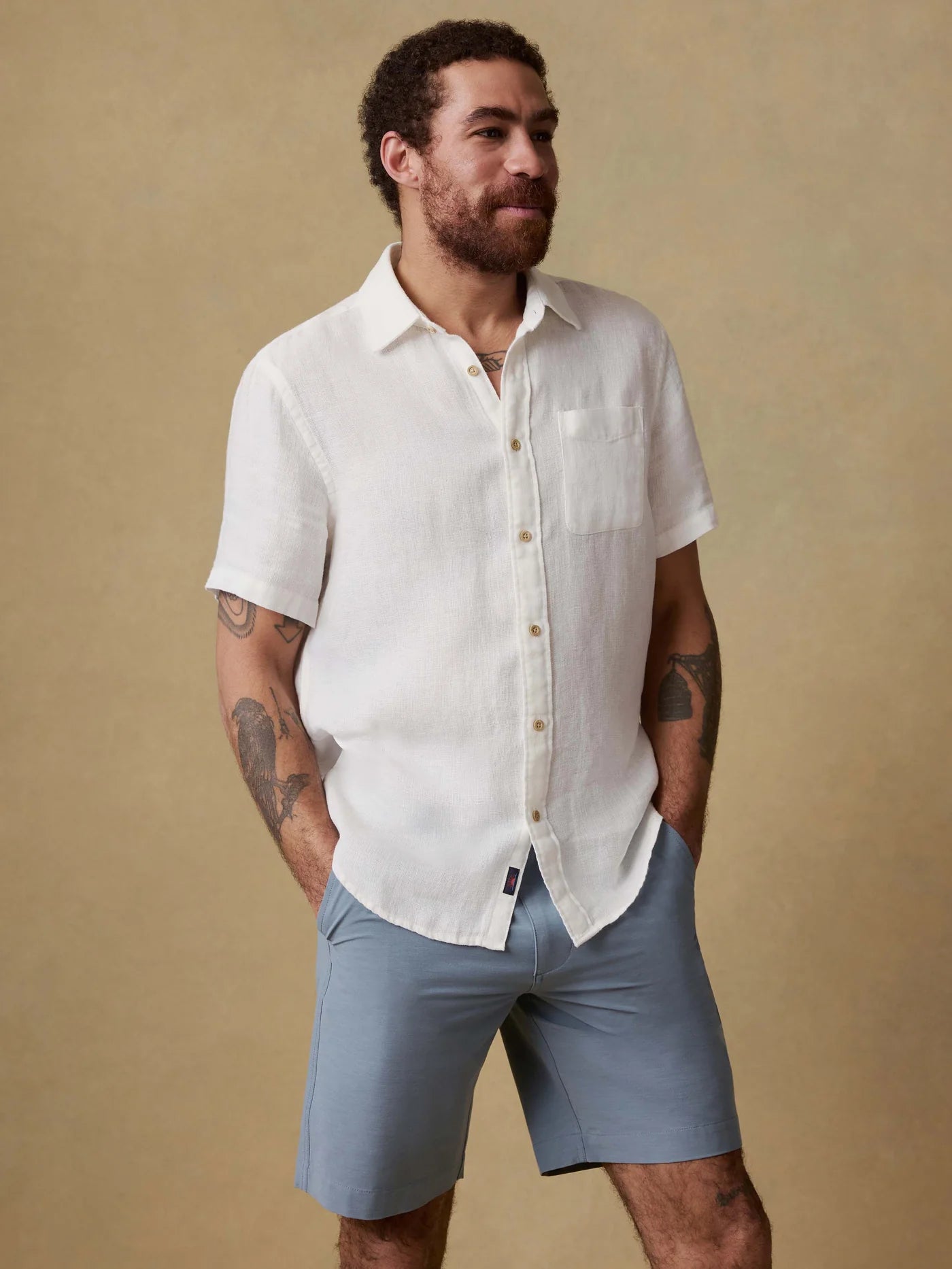 Faherty Short Sleeve Palma Linen Shirt - White Basketweave